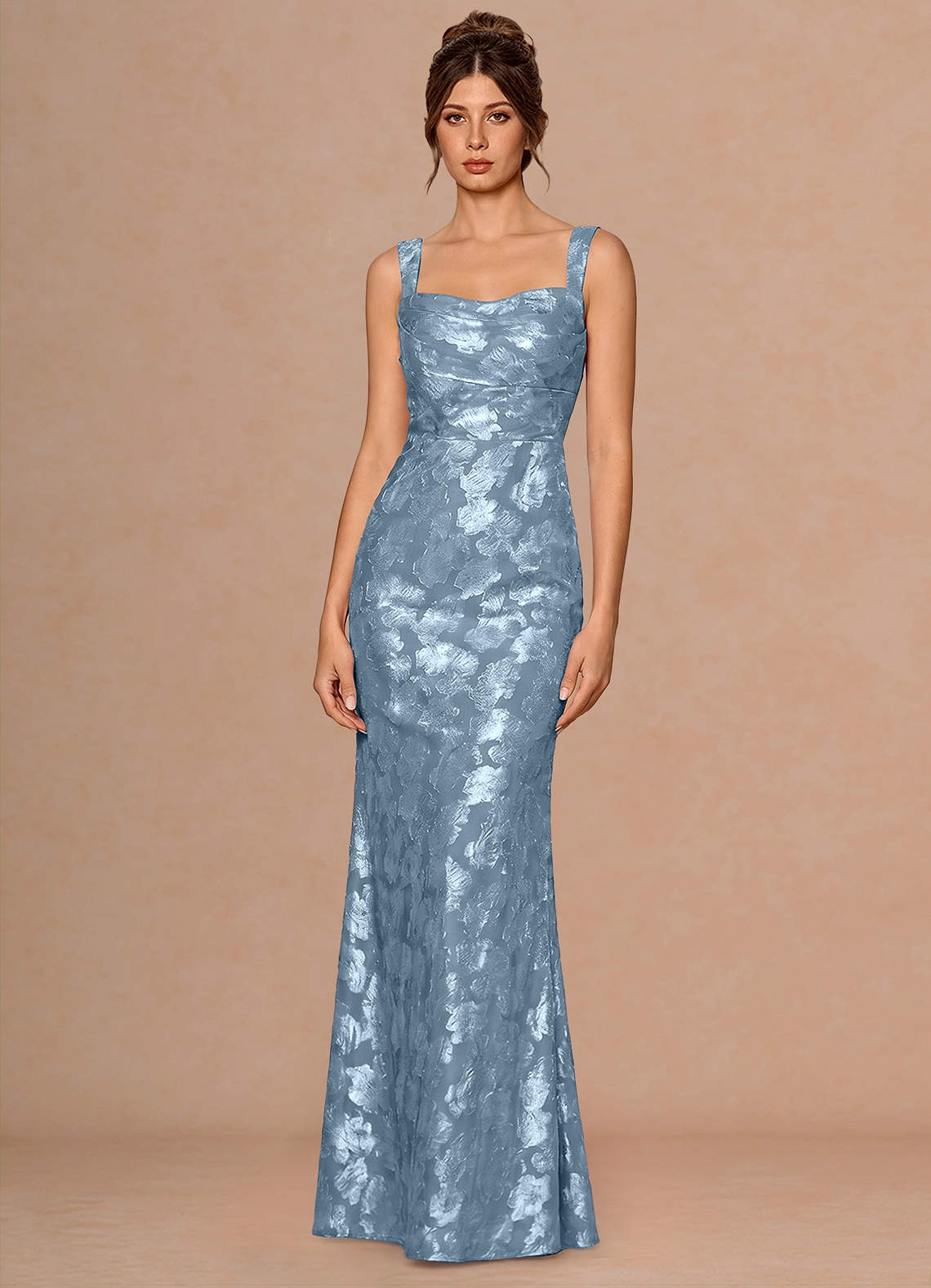 Rosalie Mermaid Cowl-Neck Fil Coupé Evening Dress in Dusty Blue