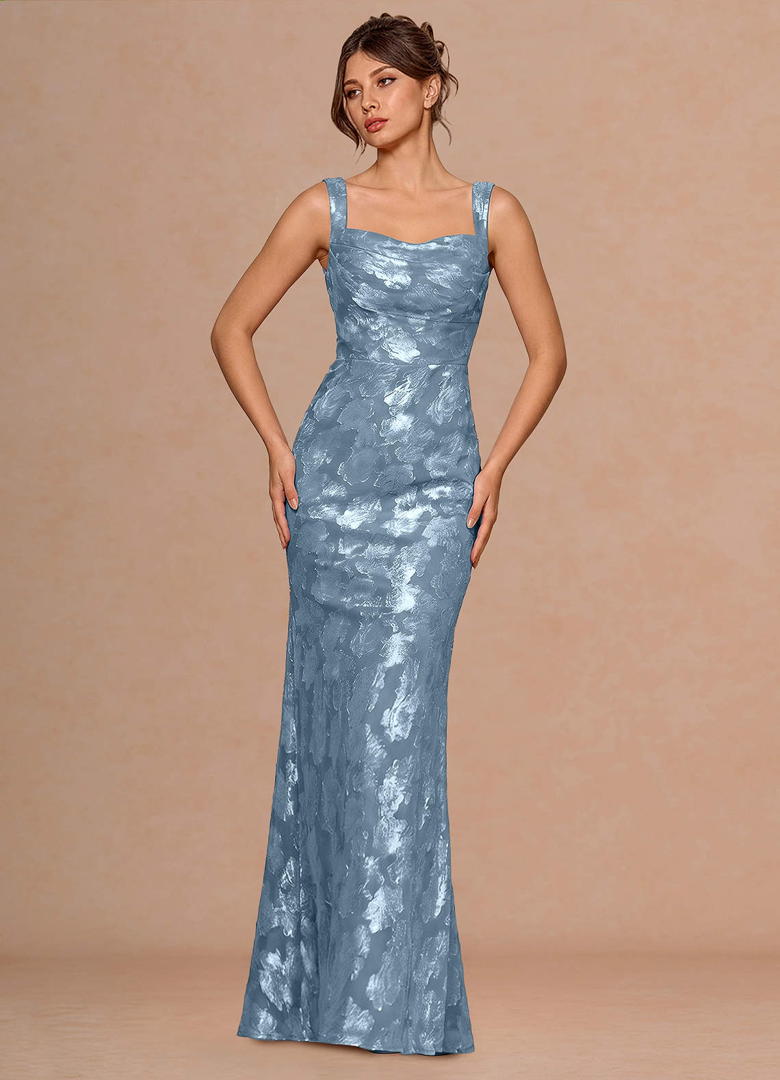 Rosalie Mermaid Cowl-Neck Fil Coupé Evening Dress in Dusty Blue