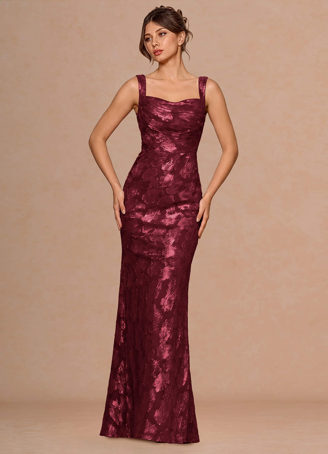 Rosalie Mermaid Cowl-Neck Fil Coupé Evening Dress in Wine