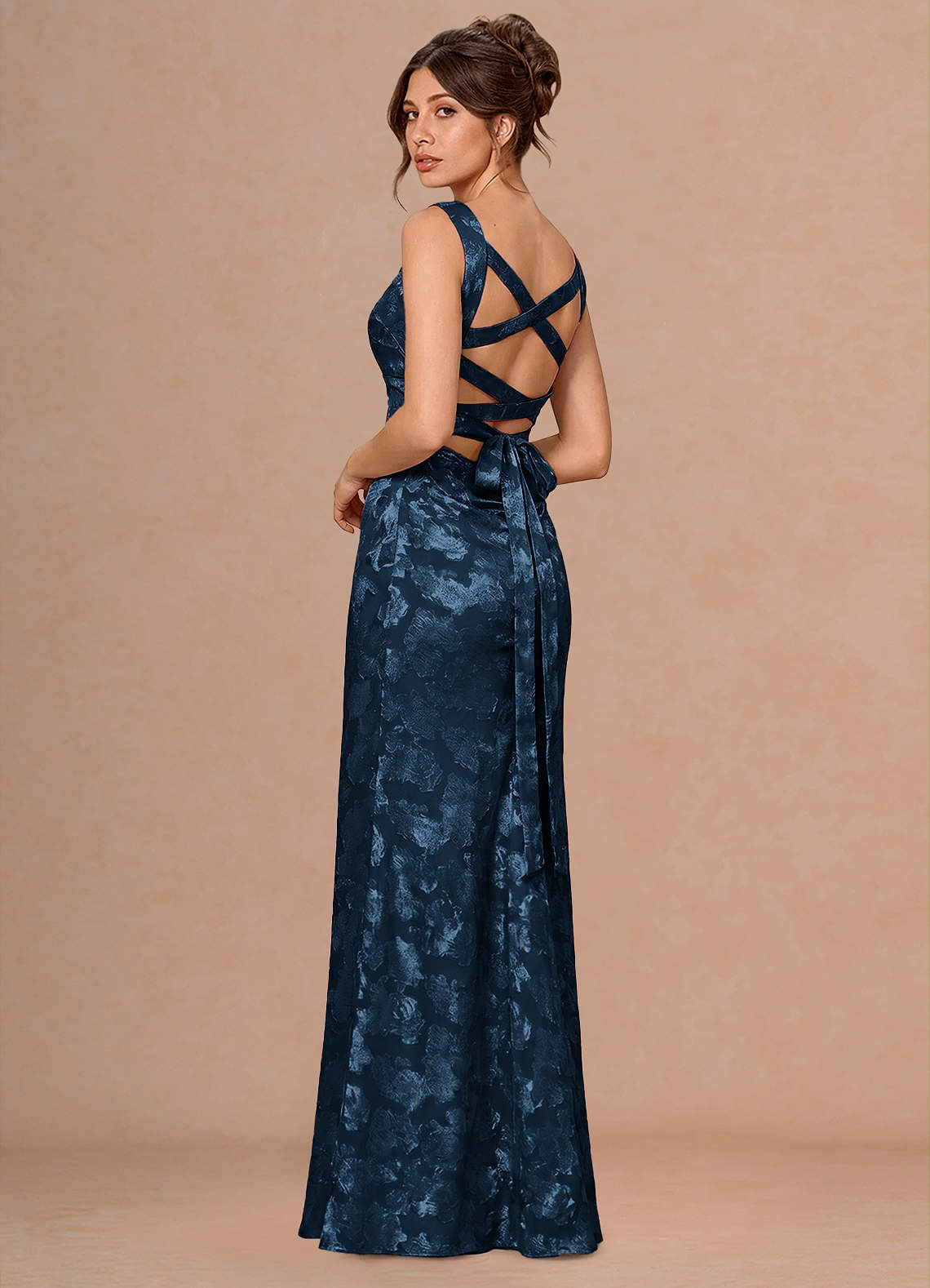 Rosalie Mermaid Cowl-Neck Fil Coupé Evening Dress in Navy