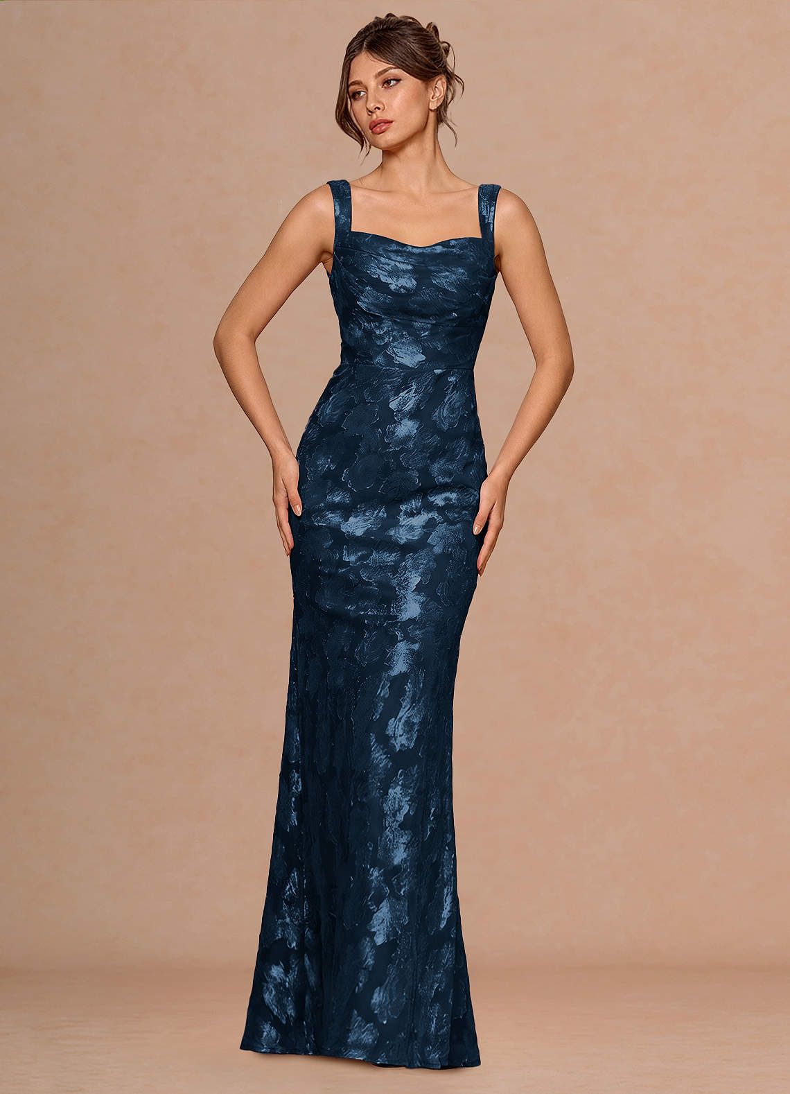 Rosalie Mermaid Cowl-Neck Fil Coupé Evening Dress in Navy