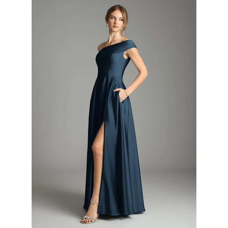 Melanie A-Line One-Shoulder Stretch Satin Bridesmaid Dress in Dark Navy - additional view 22