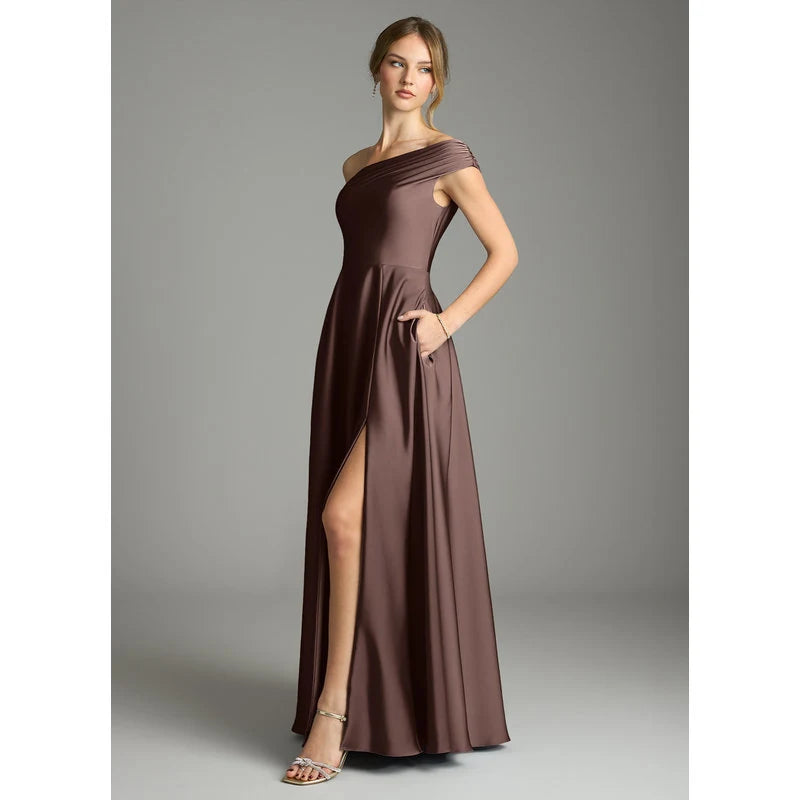 Melanie A-Line One-Shoulder Stretch Satin Bridesmaid Dress in Ganache - additional view 10