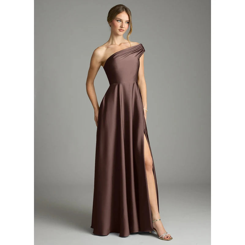 Melanie A-Line One-Shoulder Stretch Satin Bridesmaid Dress in Ganache - additional view 11