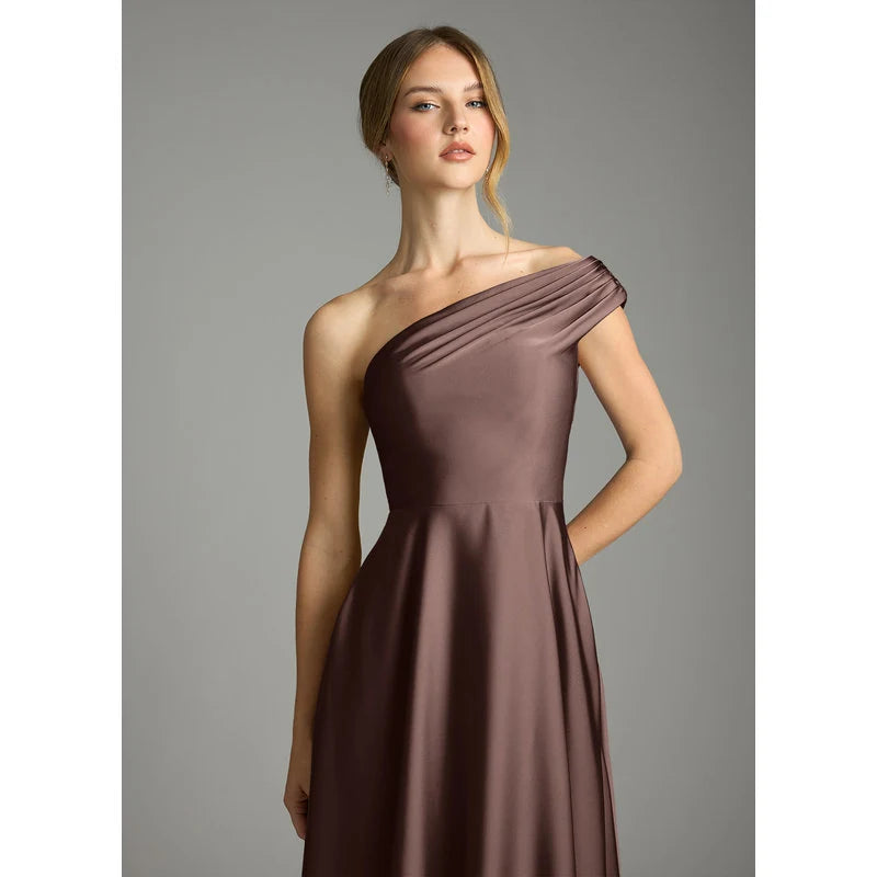 Melanie A-Line One-Shoulder Stretch Satin Bridesmaid Dress in Ganache - additional view 12