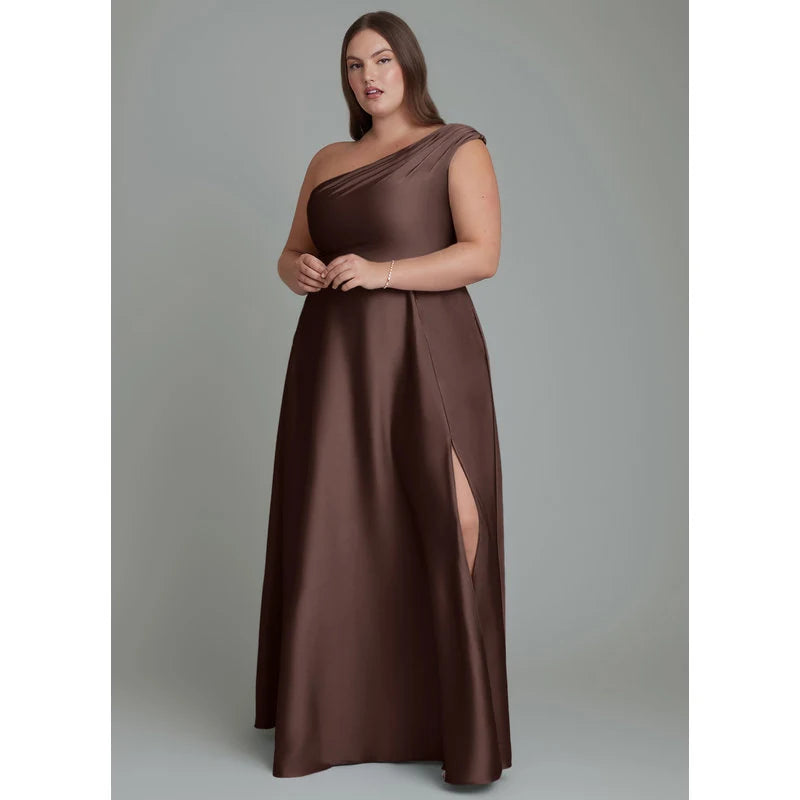 Melanie A-Line One-Shoulder Stretch Satin Bridesmaid Dress in Ganache - additional view 13