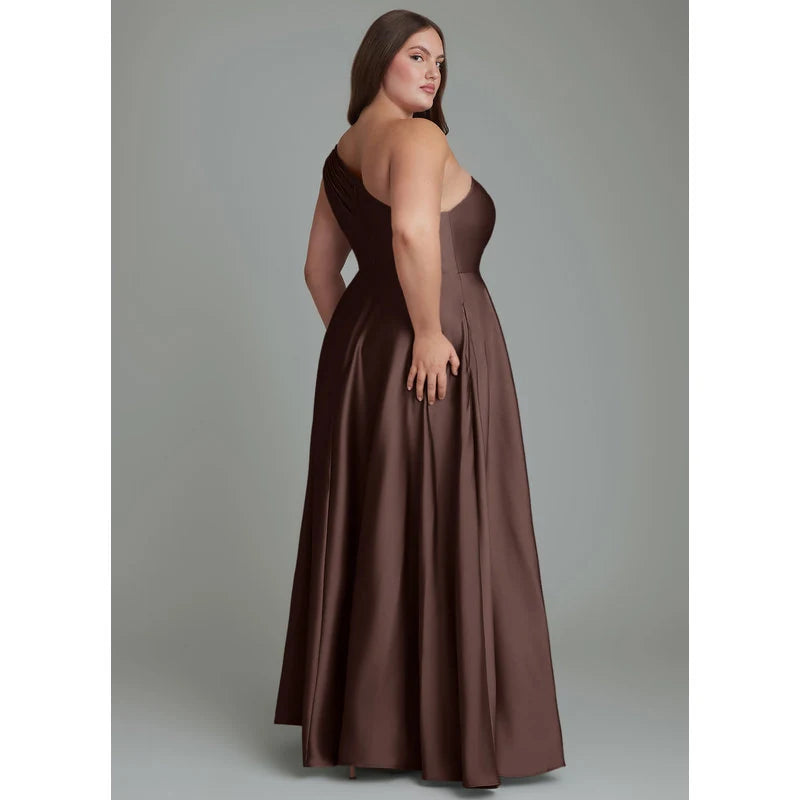 Melanie A-Line One-Shoulder Stretch Satin Bridesmaid Dress in Ganache - additional view 14