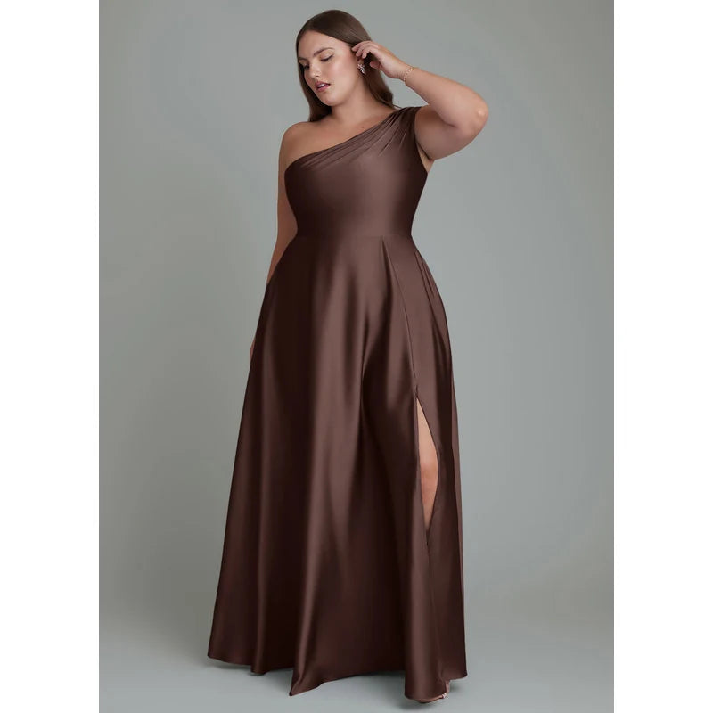 Melanie A-Line One-Shoulder Stretch Satin Bridesmaid Dress in Ganache - additional view 15
