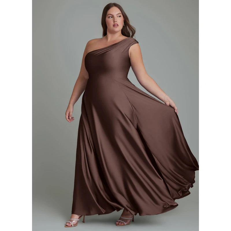 Melanie A-Line One-Shoulder Stretch Satin Bridesmaid Dress in Ganache - additional view 16