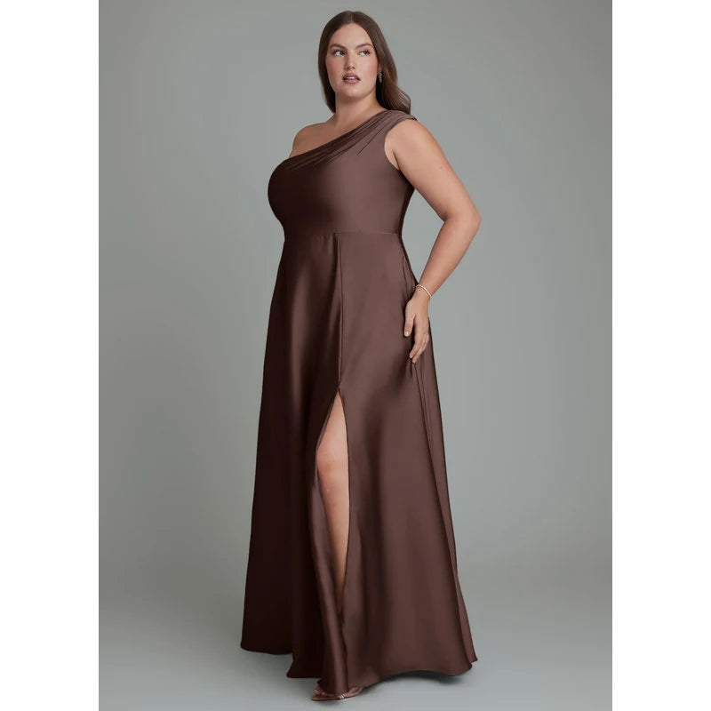 Melanie A-Line One-Shoulder Stretch Satin Bridesmaid Dress in Ganache - additional view 17