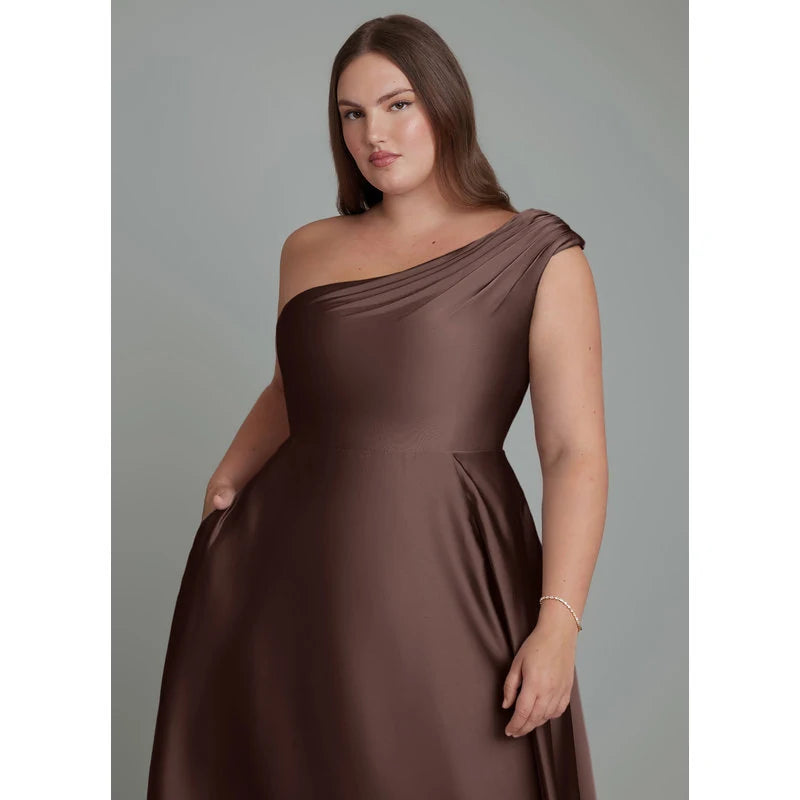 Melanie A-Line One-Shoulder Stretch Satin Bridesmaid Dress in Ganache - additional view 18