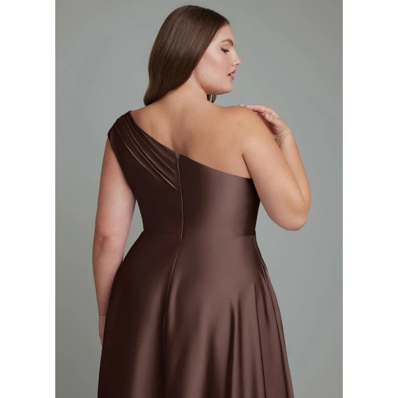 Melanie A-Line One-Shoulder Stretch Satin Bridesmaid Dress in Ganache - additional view 19