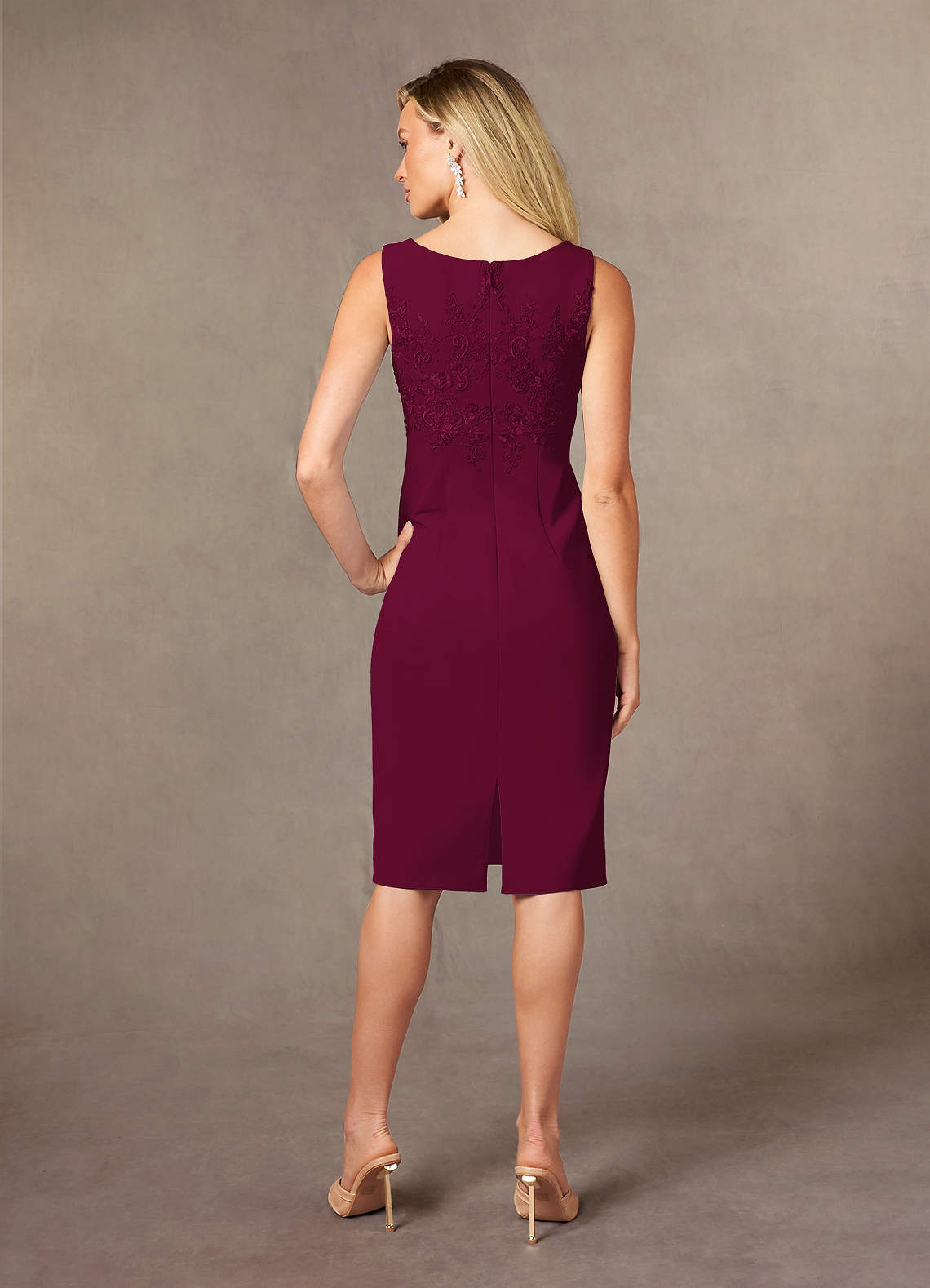 Ryne Sheath Scoop-Neck Lace and Stretch Crepe Mother of the Bride Dress in Burgundy