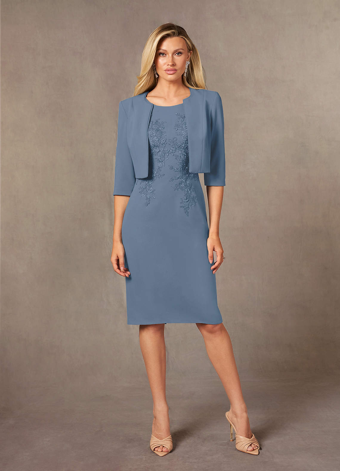 Ryne Sheath Scoop-Neck Lace and Stretch Crepe Mother of the Bride Dress in dusty blue