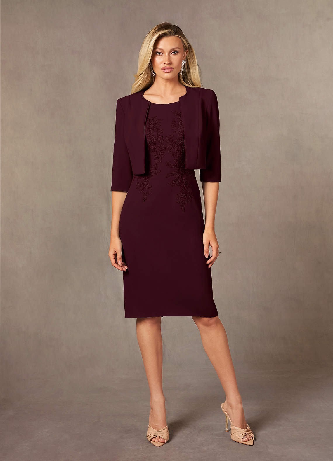 Ryne Sheath Scoop-Neck Lace and Stretch Crepe Mother of the Bride Dress in Cabernet
