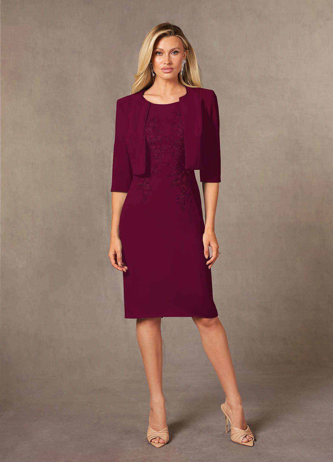 Ryne Sheath Scoop-Neck Lace and Stretch Crepe Mother of the Bride Dress in Burgundy