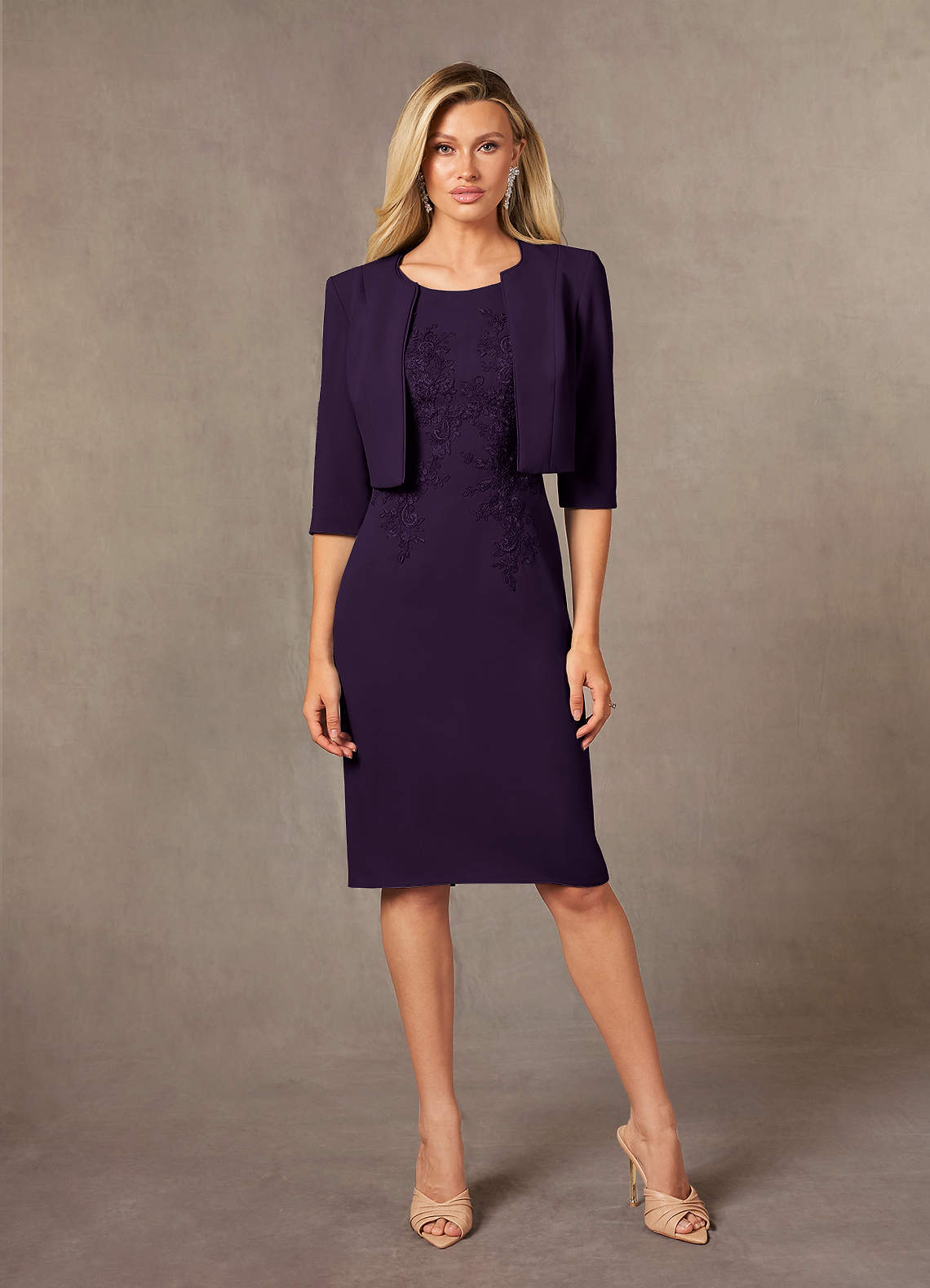 Ryne Sheath Scoop-Neck Lace and Stretch Crepe Mother of the Bride Dress in Plum