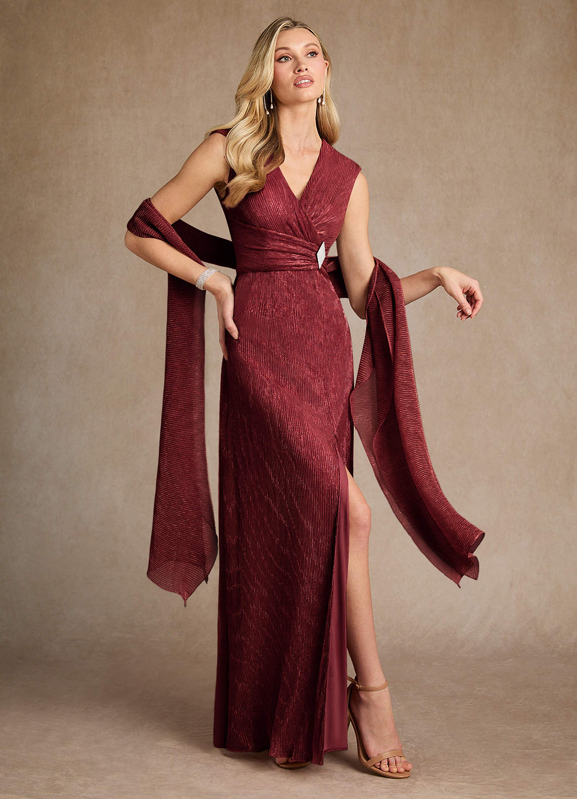 Salem A-Line V-Neck Metallic Mesh Mother of the Bride Dress in Ruby