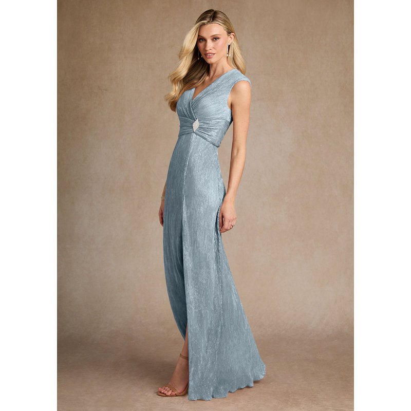 Salem A-Line V-Neck Metallic Mesh Mother of the Bride Dress in Dusty Blue - image 2