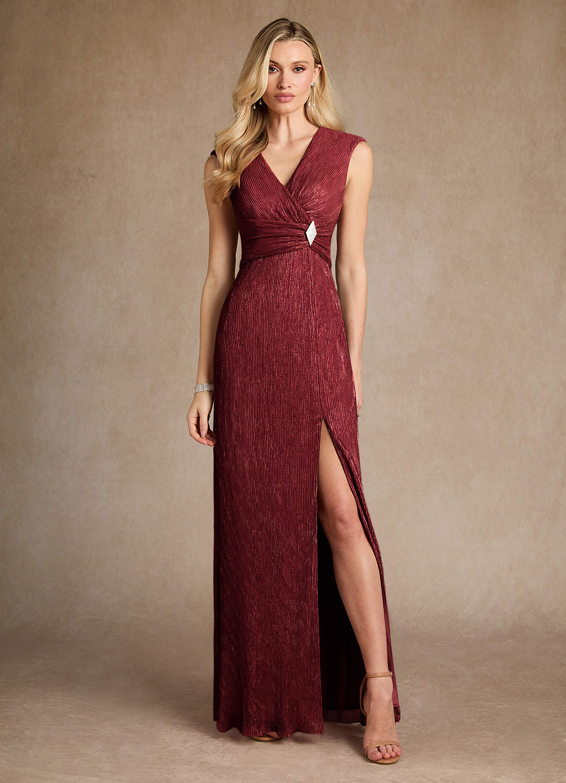 Salem A-Line V-Neck Metallic Mesh Mother of the Bride Dress in Ruby