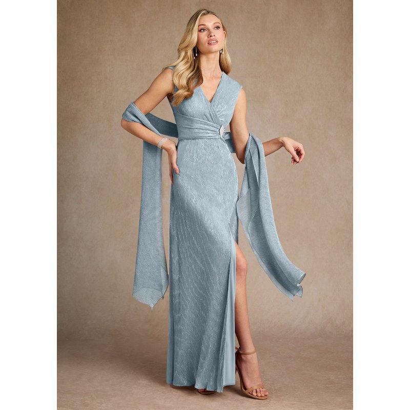 Salem A-Line V-Neck Metallic Mesh Mother of the Bride Dress in Dusty Blue - image 4