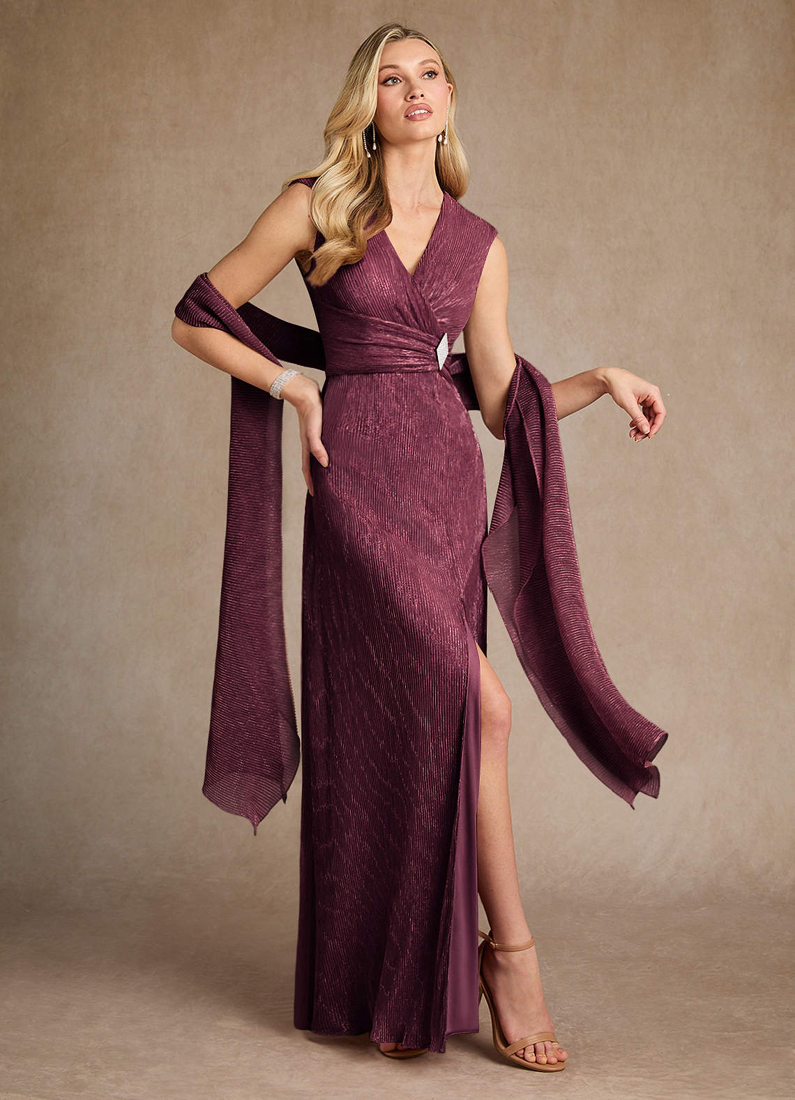 Salem A-Line V-Neck Metallic Mesh Mother of the Bride Dress in Berry