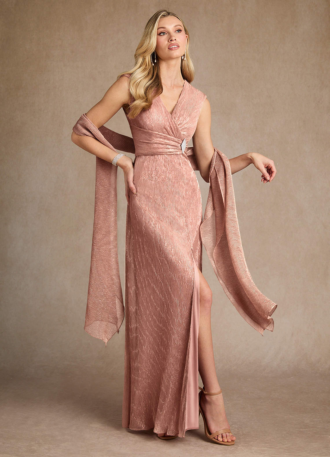 Salem A-Line V-Neck Metallic Mesh Mother of the Bride Dress in rose gold