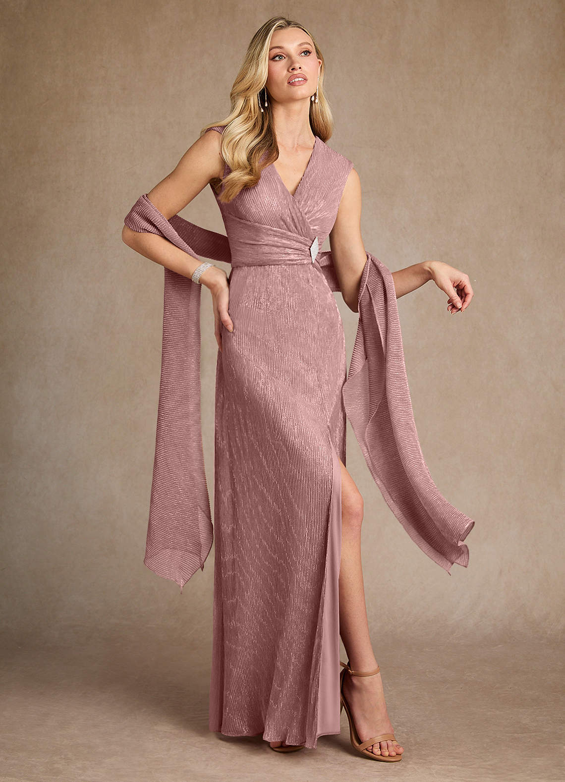 Salem A-Line V-Neck Metallic Mesh Mother of the Bride Dress in Dusty Rose