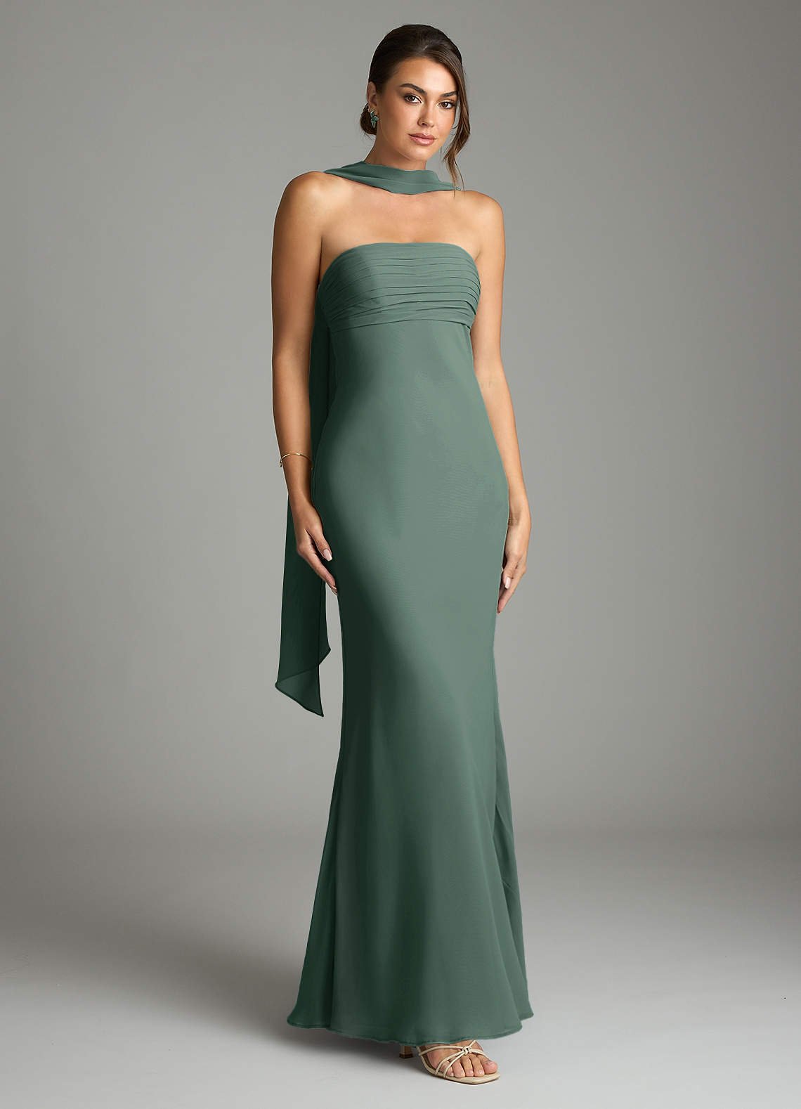 Saylor Mermaid Strapless Chiffon Bridesmaid Dress in Sea Moss
