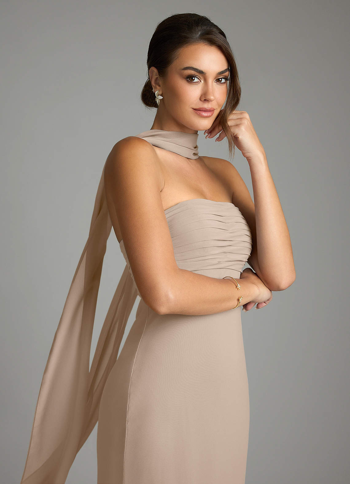 Saylor Mermaid Strapless Chiffon Bridesmaid Dress in Taupe