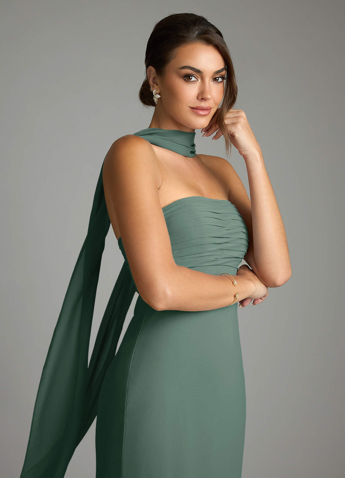 Saylor Mermaid Strapless Chiffon Bridesmaid Dress in Sea Moss