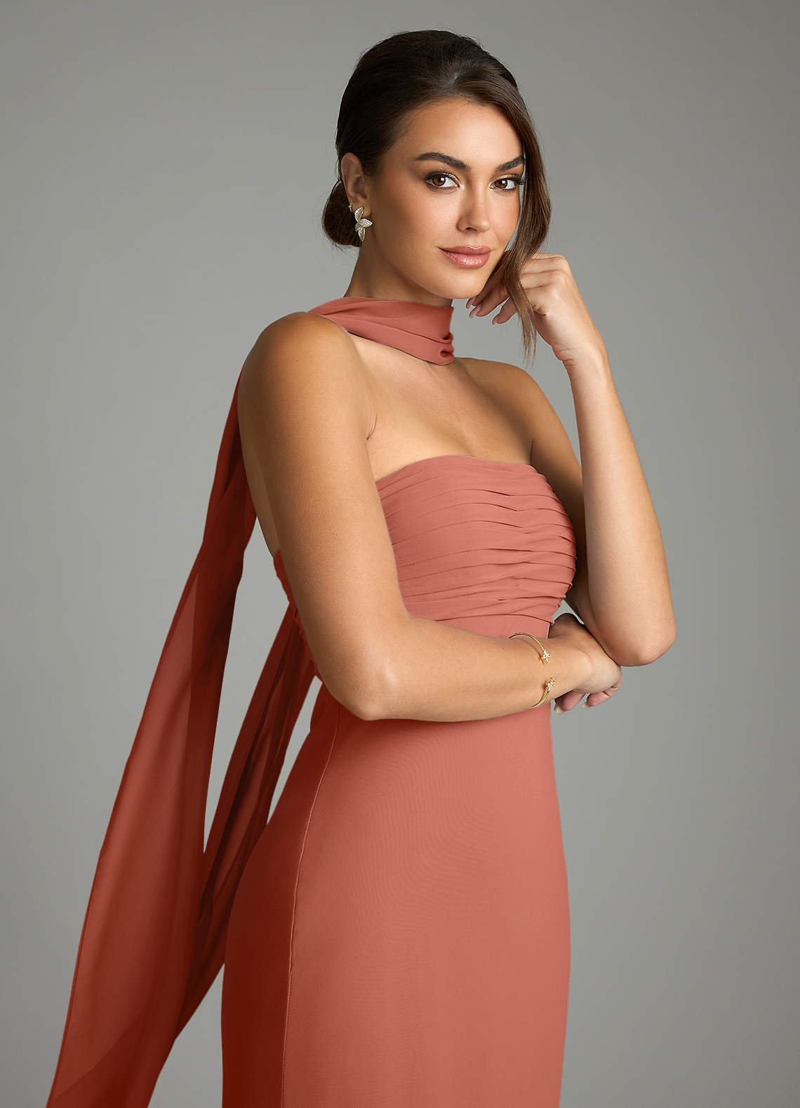 Saylor Mermaid Strapless Chiffon Bridesmaid Dress in Clay