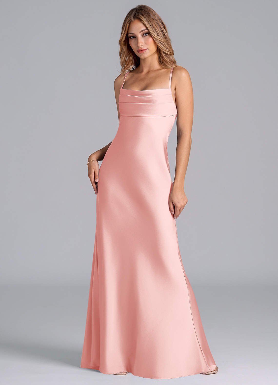 Seema Mermaid Cowl-Neck Stretch Satin Bridesmaid Dress in Powder Pink