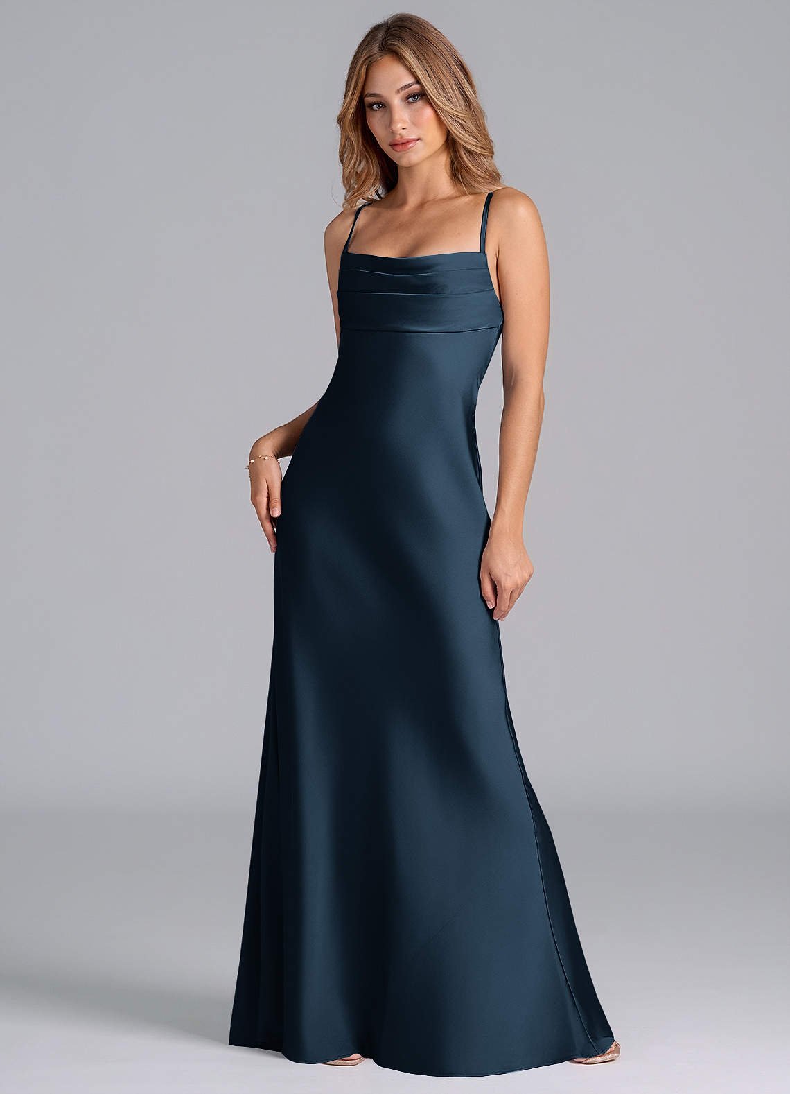 Seema Mermaid Cowl-Neck Stretch Satin Bridesmaid Dress in Dark Navy