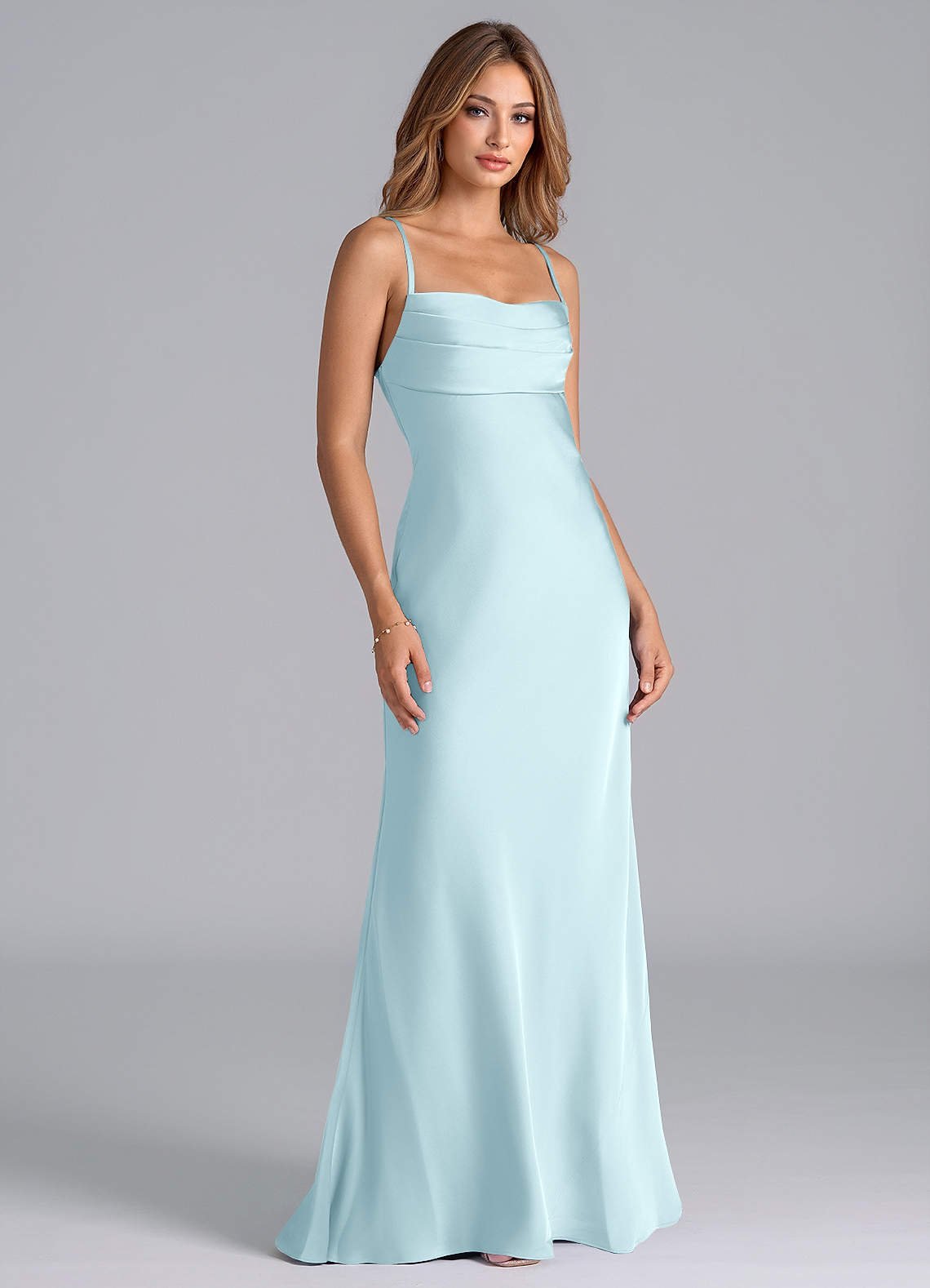 Seema Mermaid Cowl-Neck Stretch Satin Bridesmaid Dress in Cloud Blue