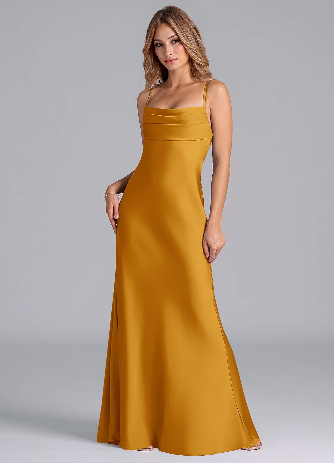 Seema Mermaid Cowl-Neck Stretch Satin Bridesmaid Dress in butterscotch
