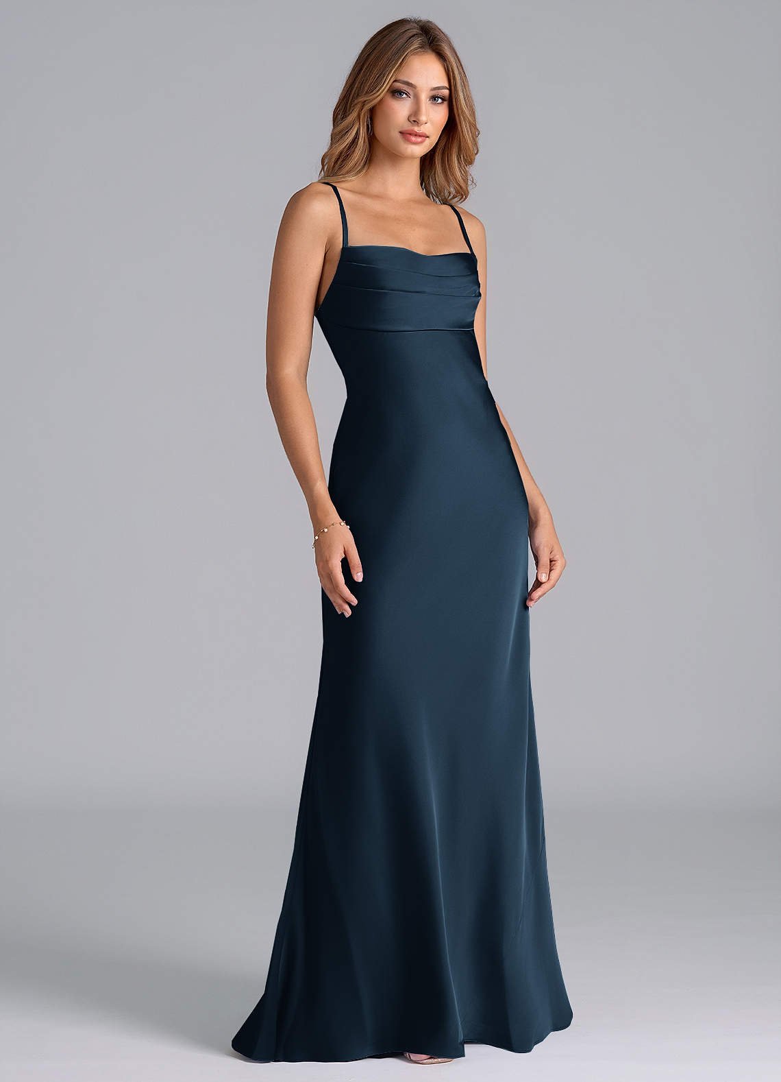 Seema Mermaid Cowl-Neck Stretch Satin Bridesmaid Dress in Dark Navy