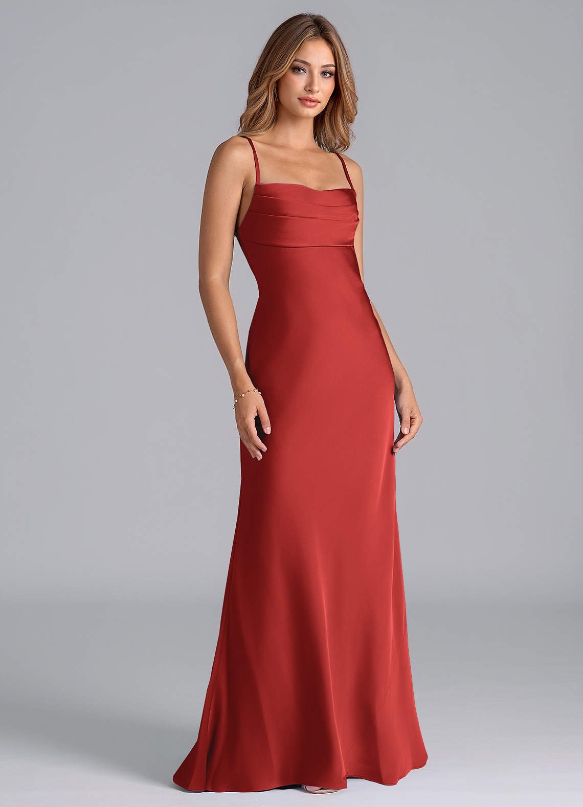 Seema Mermaid Cowl-Neck Stretch Satin Bridesmaid Dress in Scarlet