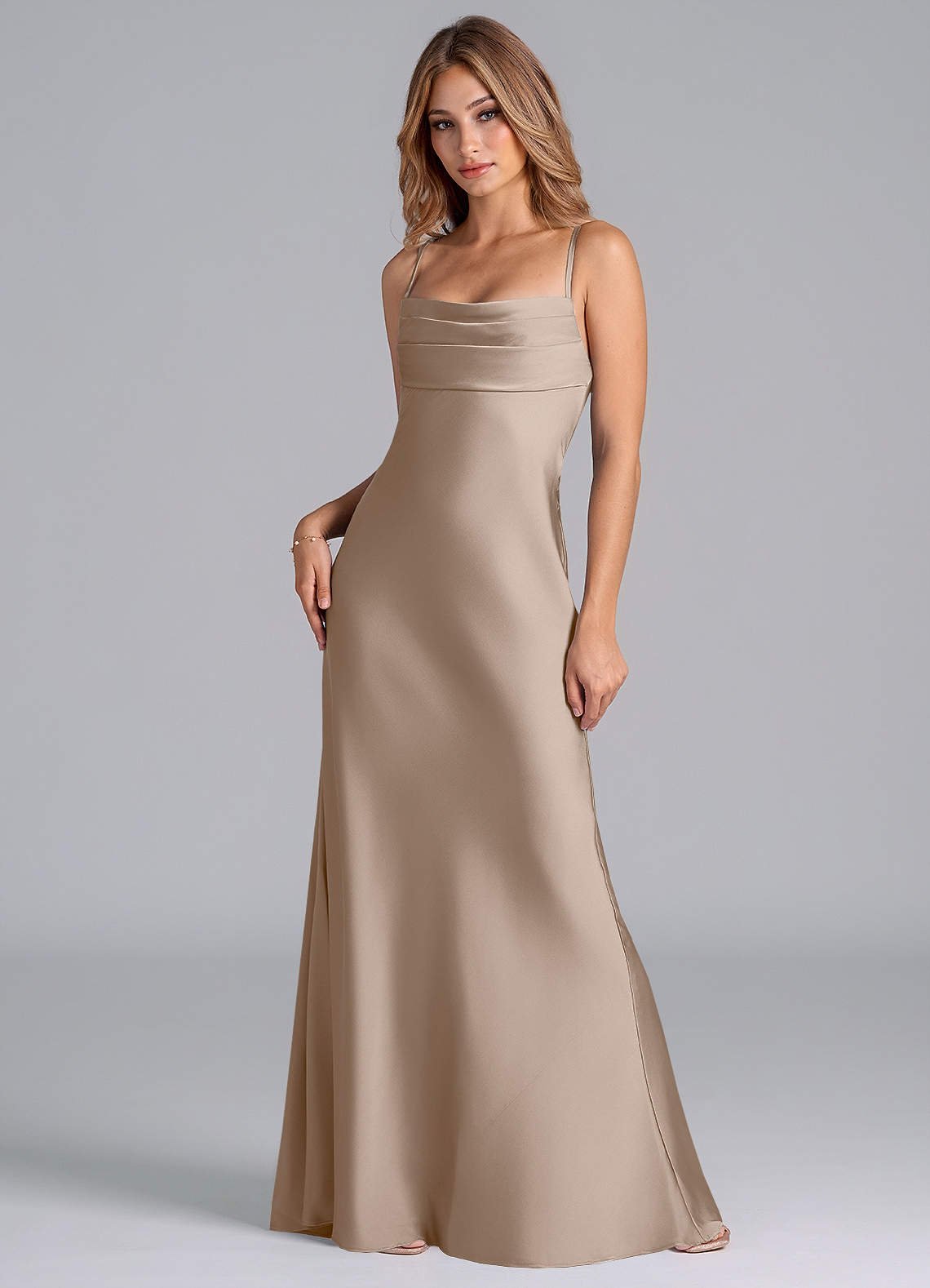 Seema Mermaid Cowl-Neck Stretch Satin Bridesmaid Dress in Taupe