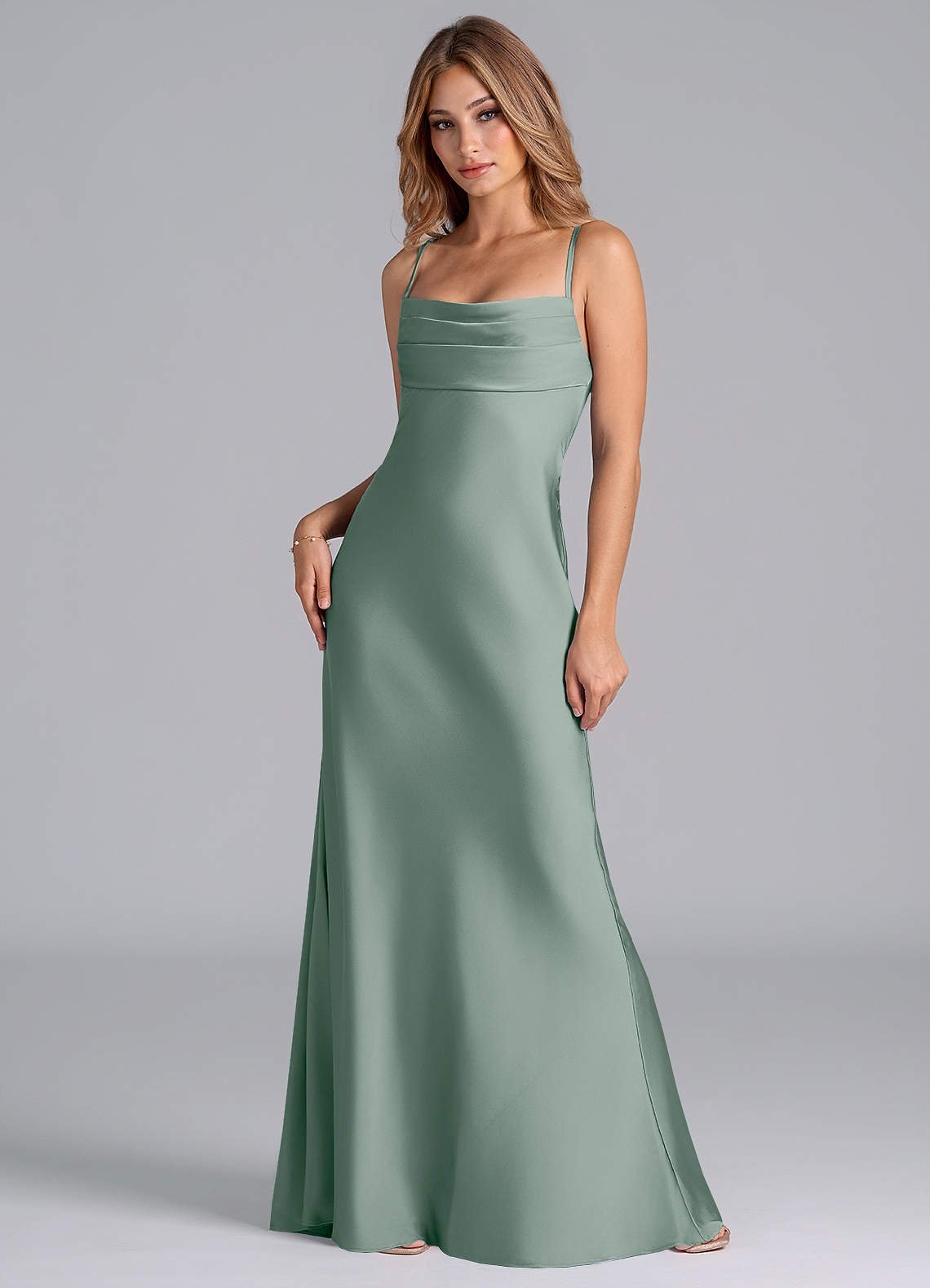 Seema Mermaid Cowl-Neck Stretch Satin Bridesmaid Dress in Silver Sage