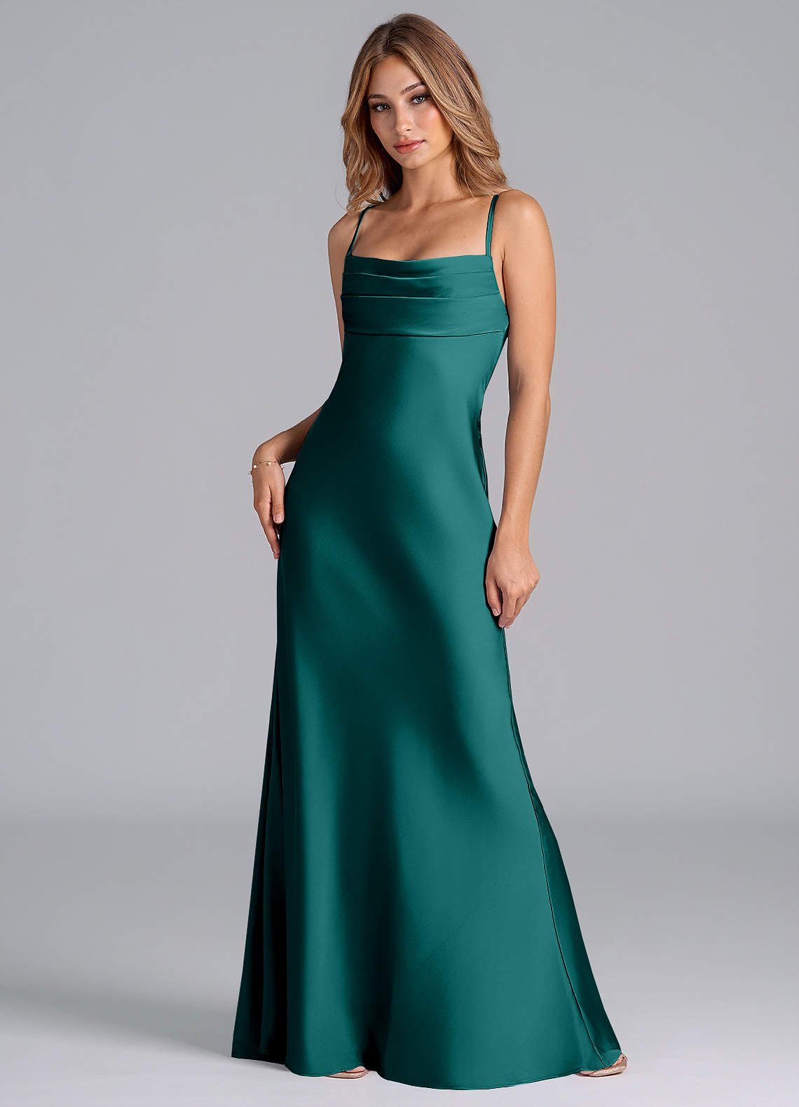Seema Mermaid Cowl-Neck Stretch Satin Bridesmaid Dress in Peacock