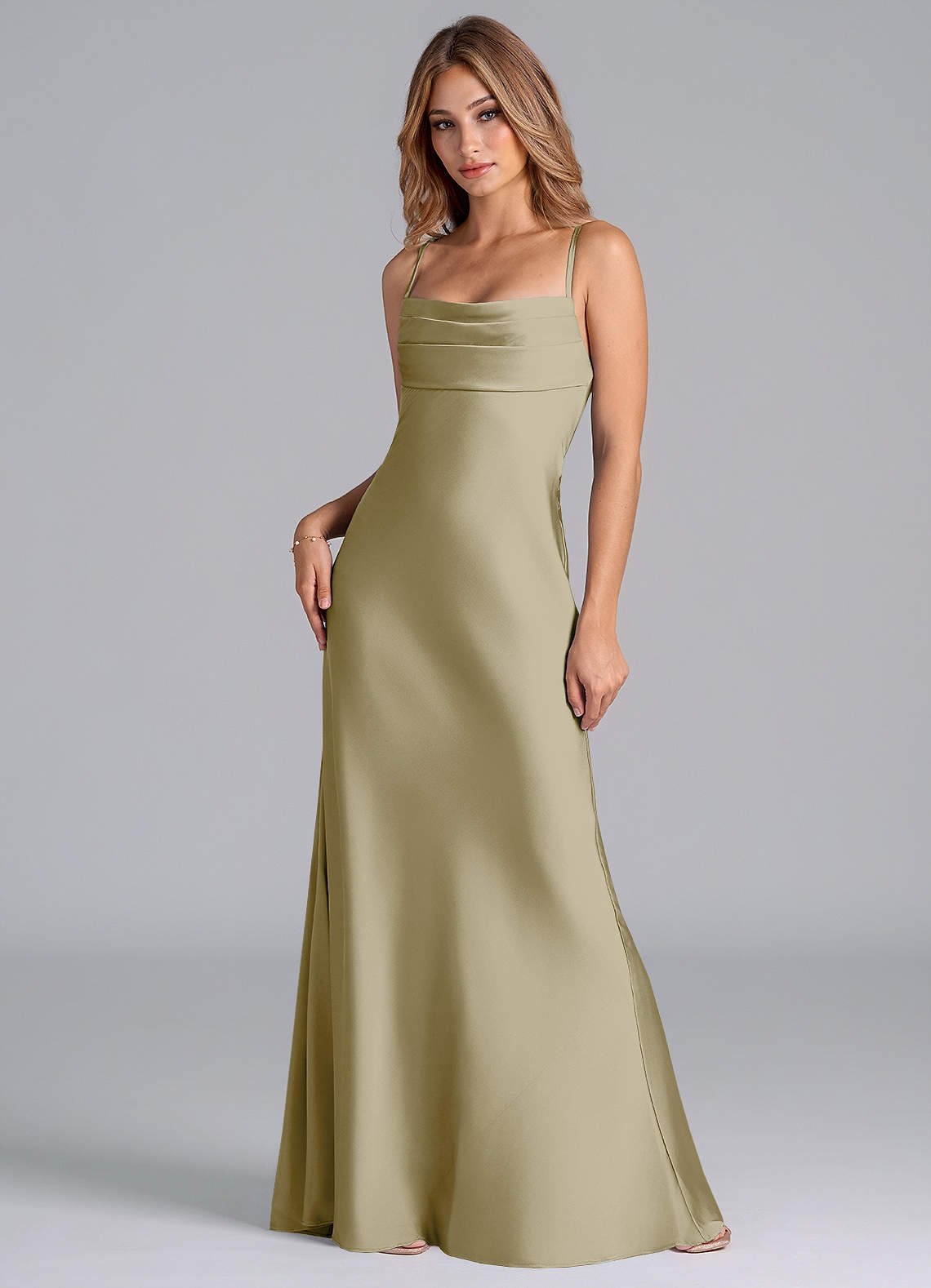 Seema Mermaid Cowl-Neck Stretch Satin Bridesmaid Dress in Moss Green