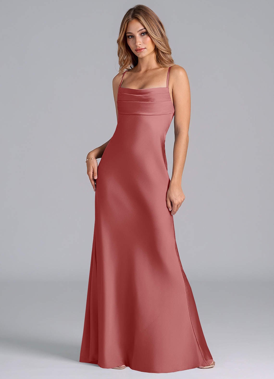 Seema Mermaid Cowl-Neck Stretch Satin Bridesmaid Dress in Antique Rose