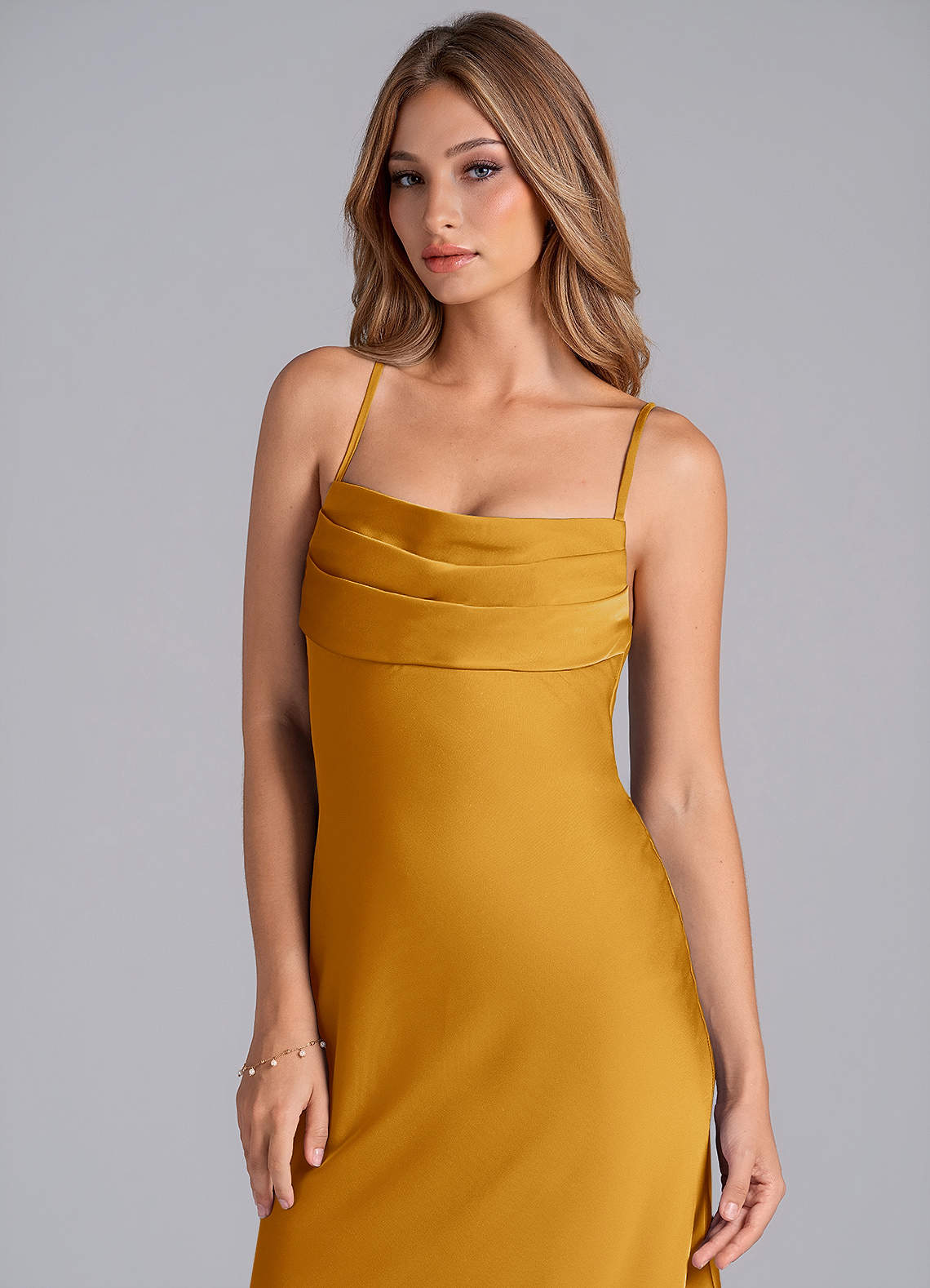Seema Mermaid Cowl-Neck Stretch Satin Bridesmaid Dress in butterscotch