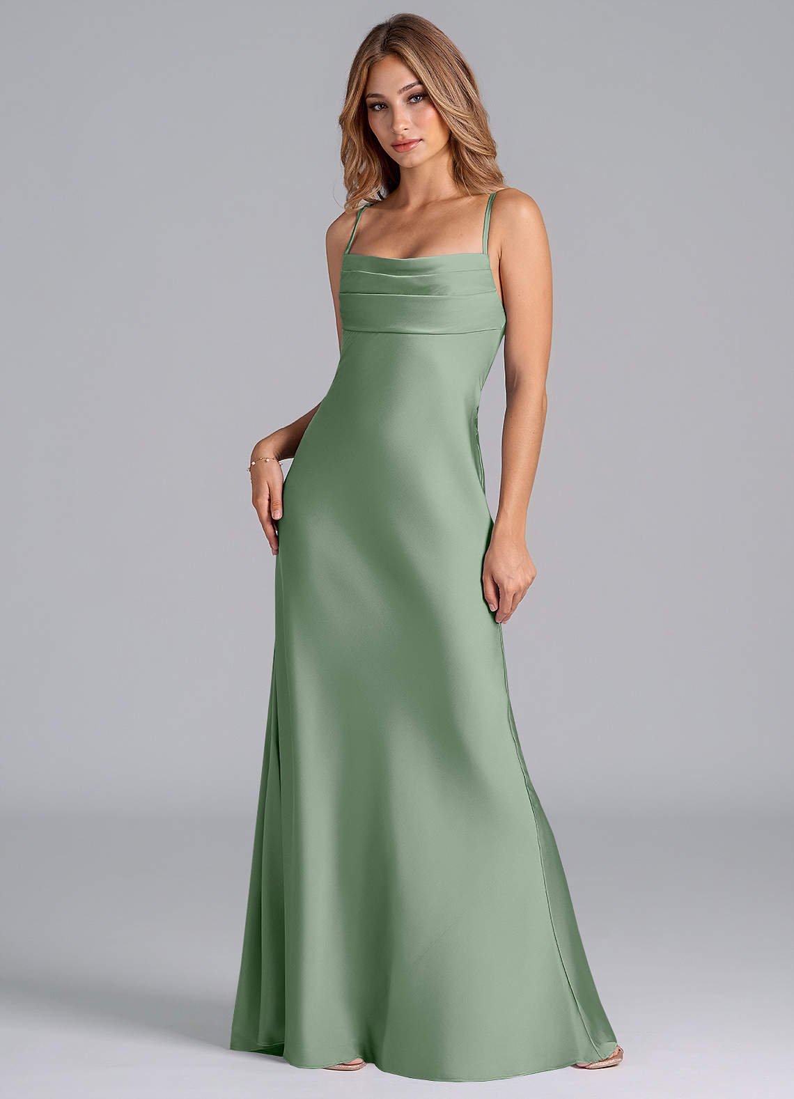 Seema Mermaid Cowl-Neck Stretch Satin Bridesmaid Dress in Matcha