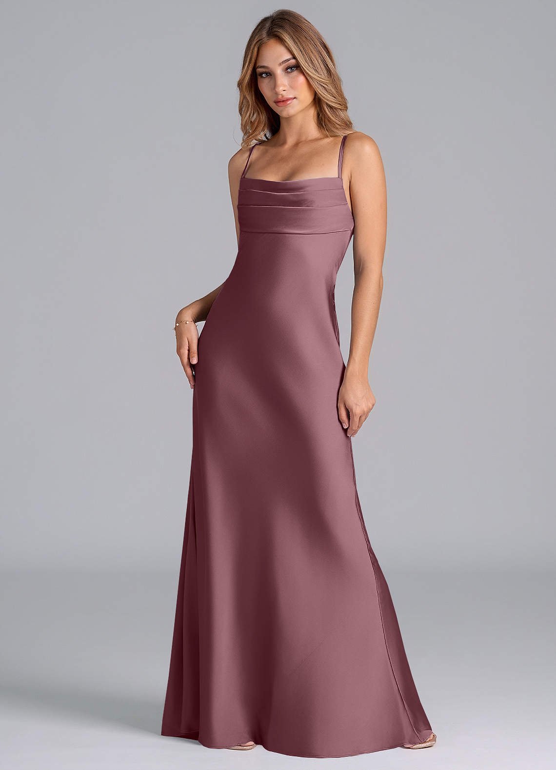 Seema Mermaid Cowl-Neck Stretch Satin Bridesmaid Dress in Amethyst