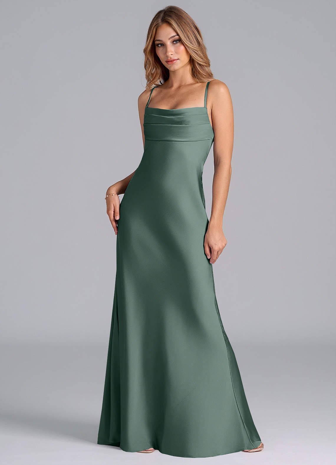 Seema Mermaid Cowl-Neck Stretch Satin Bridesmaid Dress in Sea Moss