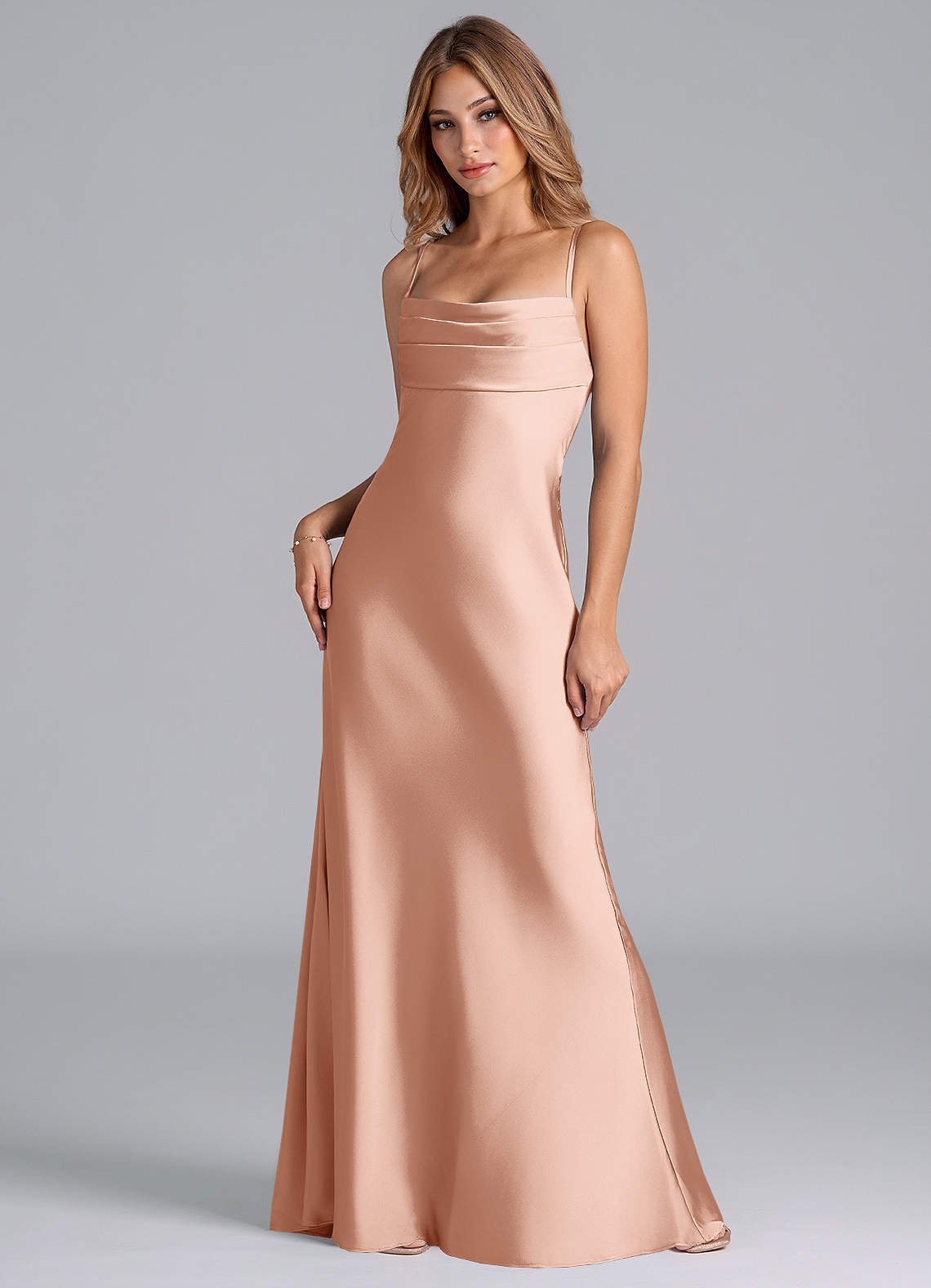 Seema Mermaid Cowl-Neck Stretch Satin Bridesmaid Dress in rose gold