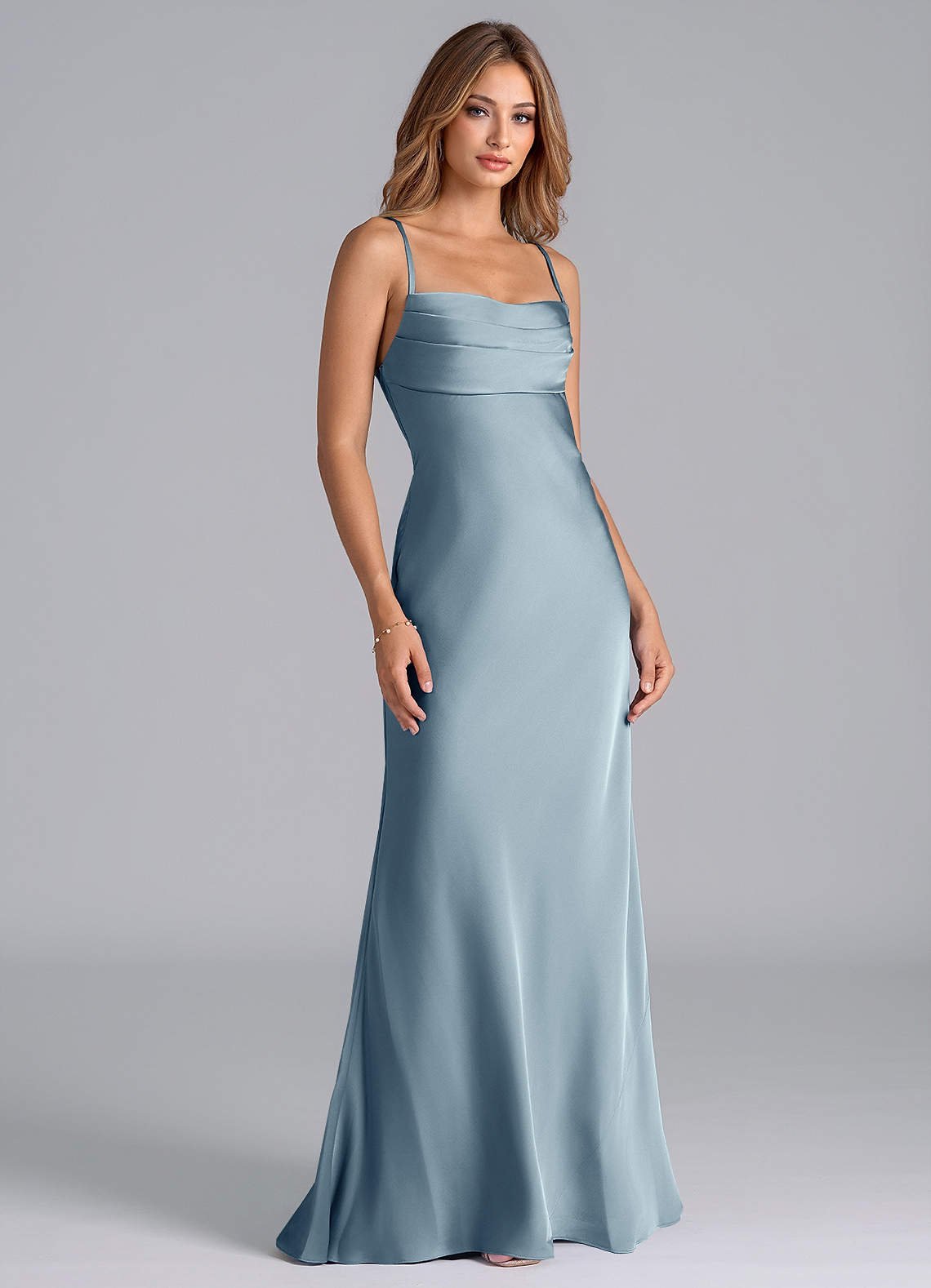 Seema Mermaid Cowl-Neck Stretch Satin Bridesmaid Dress in dusty blue