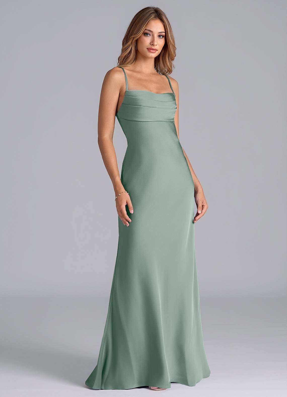 Seema Mermaid Cowl-Neck Stretch Satin Bridesmaid Dress in Silver Sage